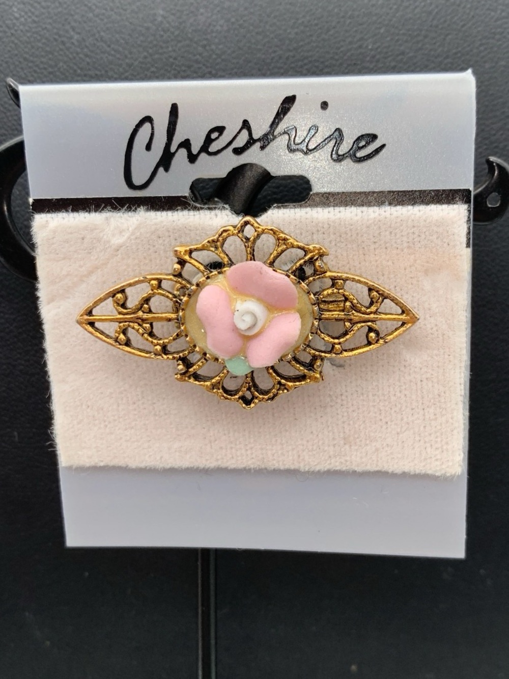 Vintage NOS porcelain Pink Floral Gold tone Filigree Brooch